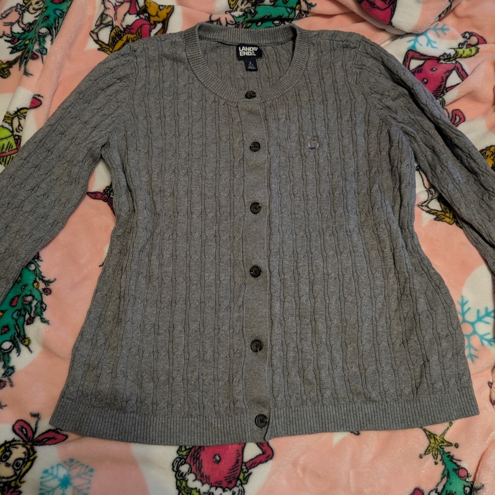 Chase LandsEnd Women's Cable Knit Cardigan - Gray Size Large